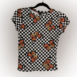 Black and White Checkered Tee with Orange Butterflies Size M